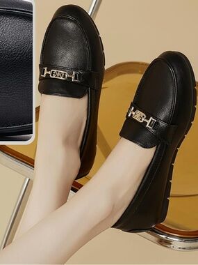 Black Faux Leather Women's Loafers with Gold Accent